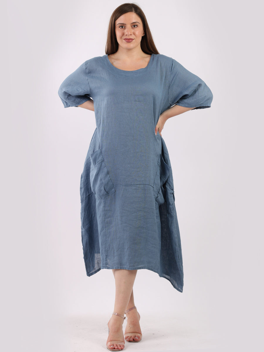Plain Linen Lagenlook Dress Light Denim