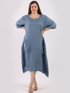 Plain Linen Lagenlook Dress Light Denim