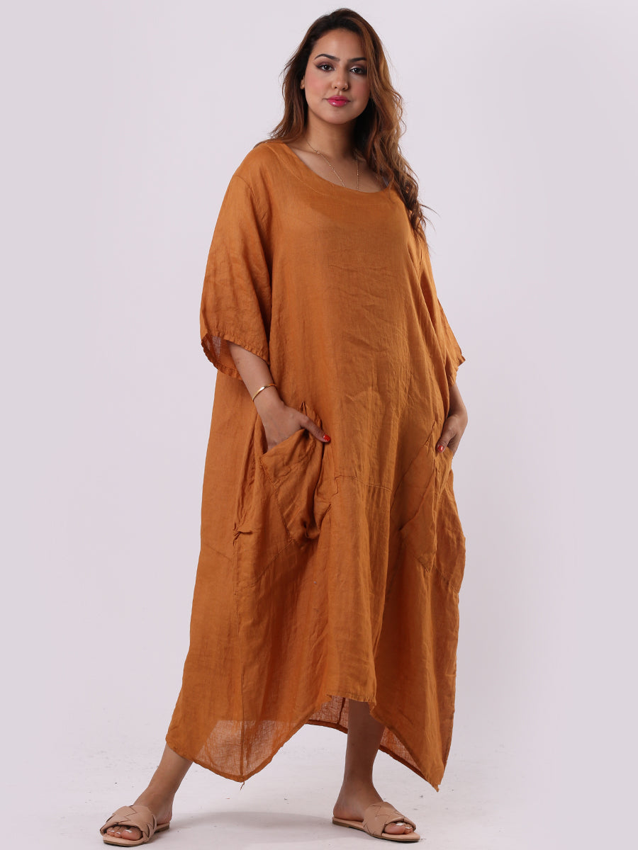 Plain Linen Lagenlook Dress Mustard