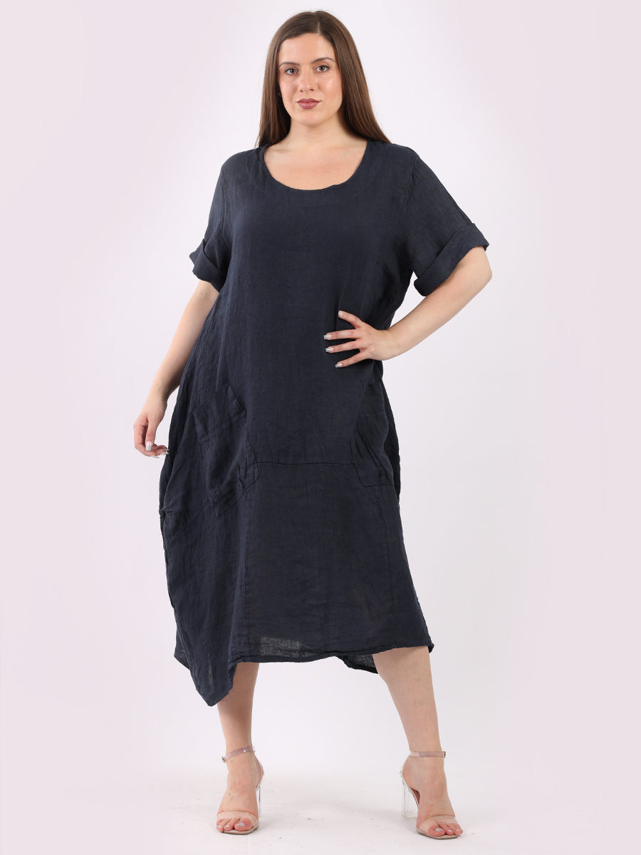 Plain Linen Lagenlook Dress Navy