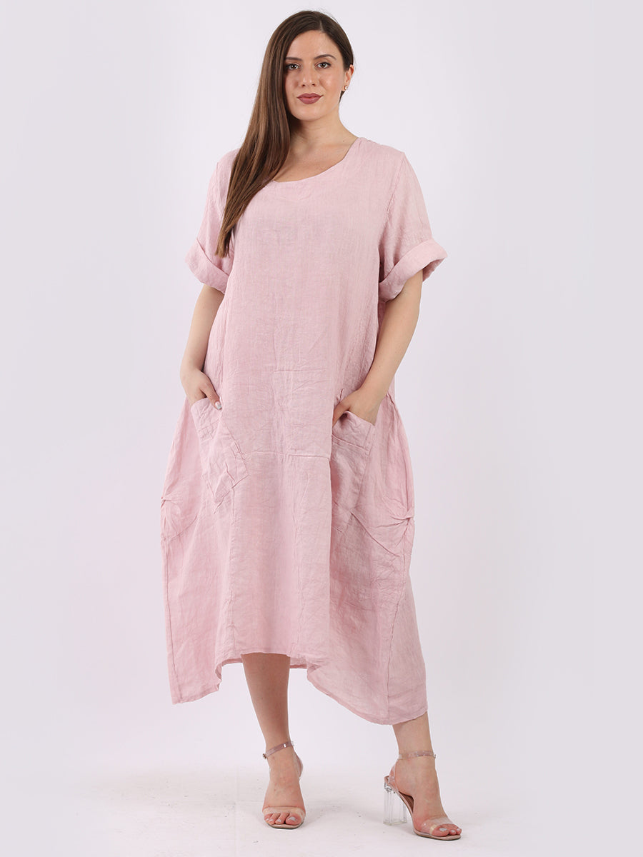 Plain Linen Lagenlook Dress Pink