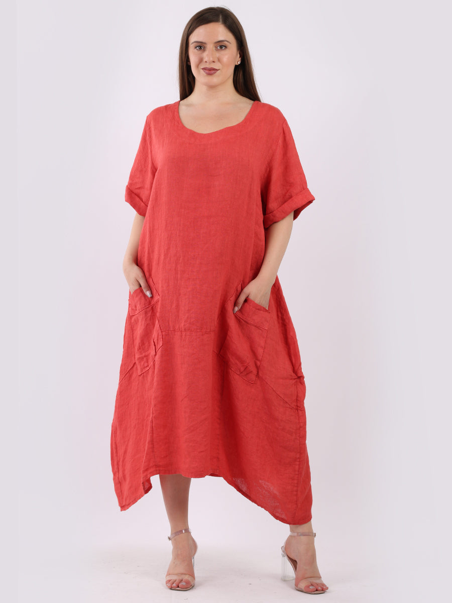 Plain Linen Lagenlook Dress Red