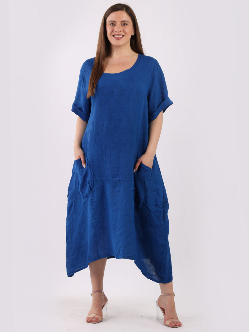 Plain Linen Lagenlook Dress Royal Blue
