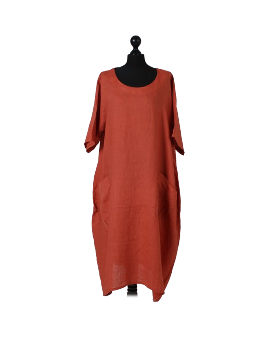Plain Linen Lagenlook Dress Rust