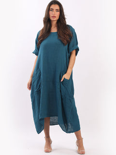Plain Linen Lagenlook Dress Teal