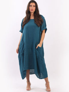 Plain Linen Lagenlook Dress Teal