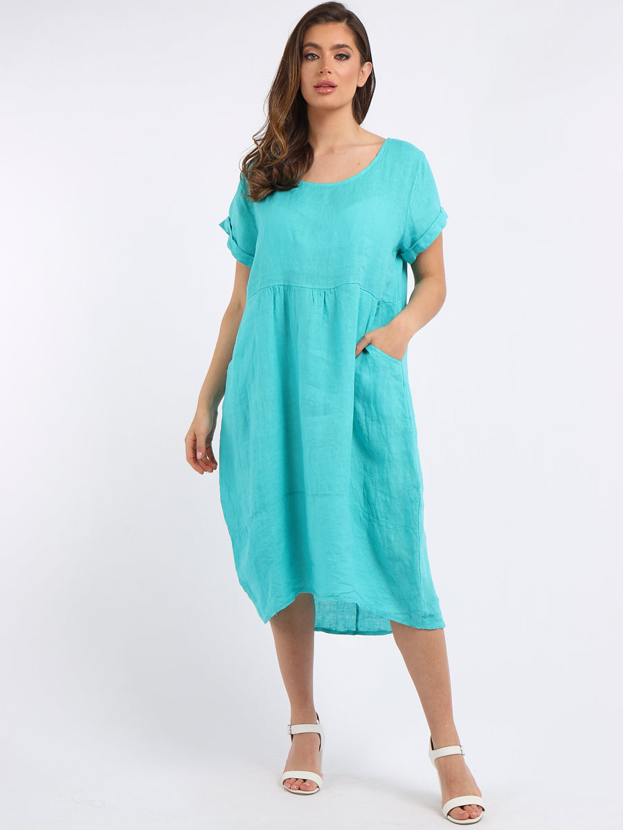 Plain Linen Quirky Dress Aqua