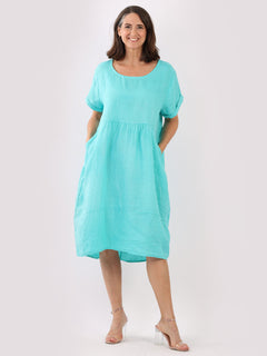 Plain Linen Quirky Dress Aqua