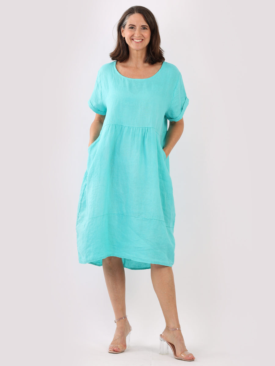 Plain Linen Quirky Dress Aqua