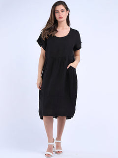 Plain Linen Quirky Dress Black