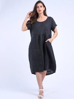 Plain Linen Quirky Dress Charcoal