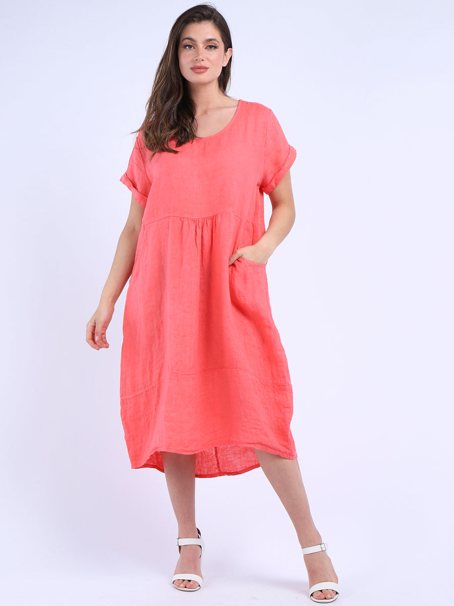 Plain Linen Quirky Dress Coral