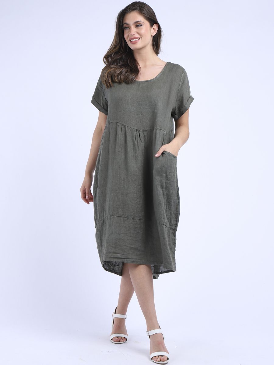 Plain Linen Quirky Dress Khaki