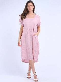Plain Linen Quirky Dress Pink