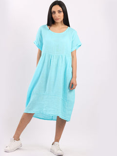 Plain Linen Quirky Dress Turquoise