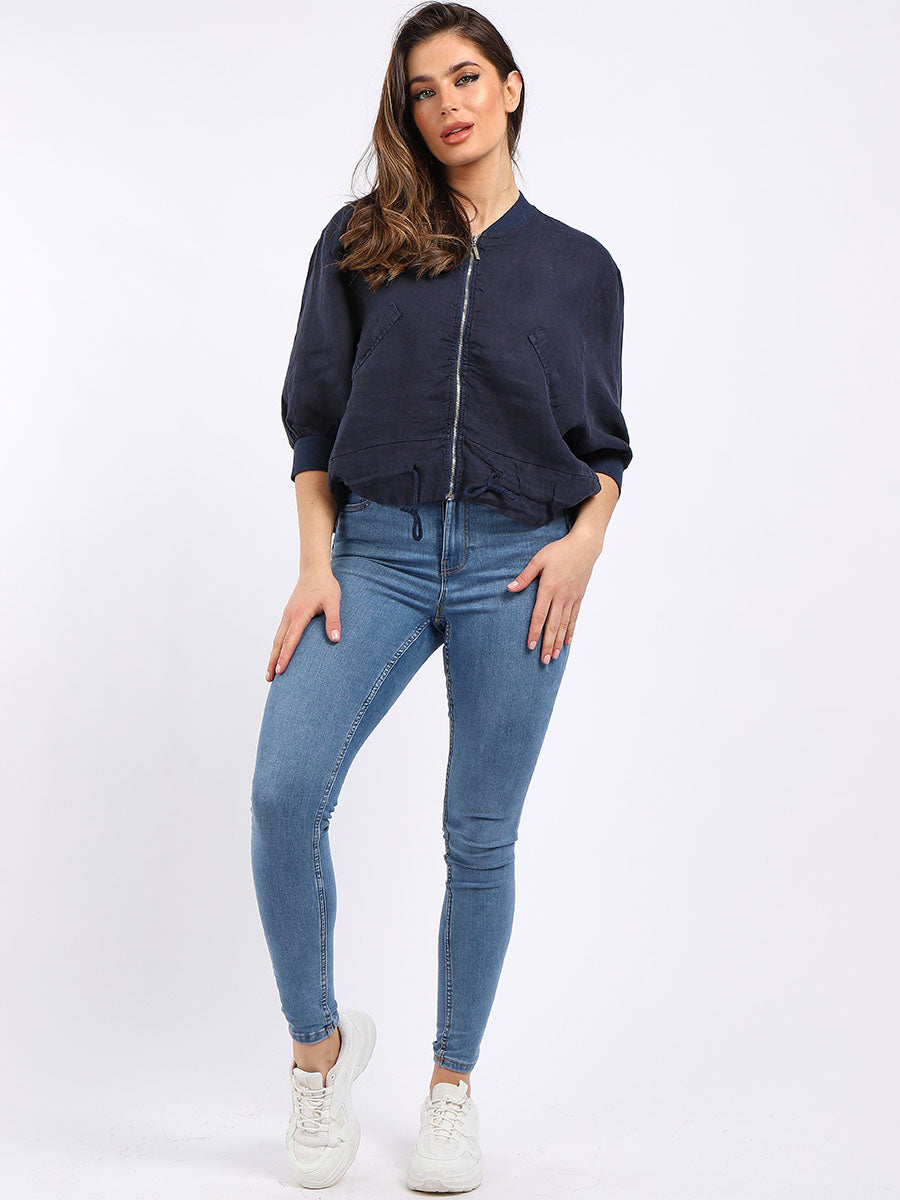 Crop Linen Jacket Navy