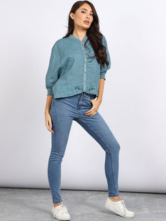 Crop Linen Jacket Ocean Blue