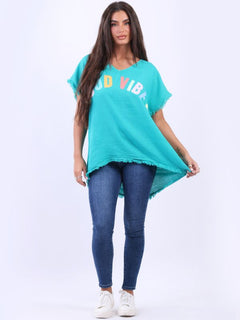 V-Neck Cotton Lagenlook T-Shirt Aqua
