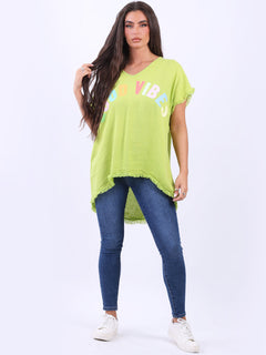 V-Neck Cotton Lagenlook T-Shirt Lime Green