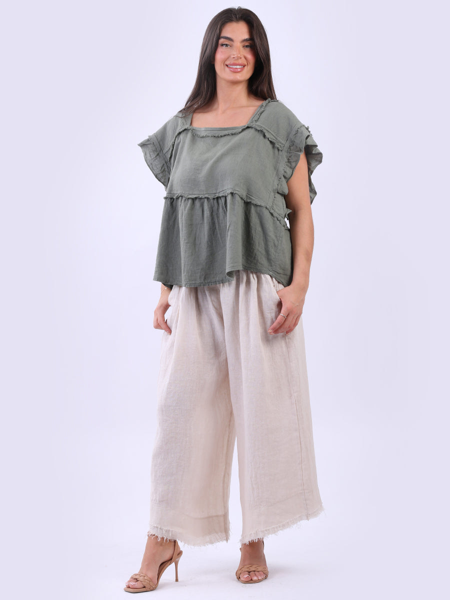 Hop Sack Linen Crop Boxy Top Khaki