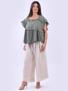 Hop Sack Linen Crop Boxy Top Khaki