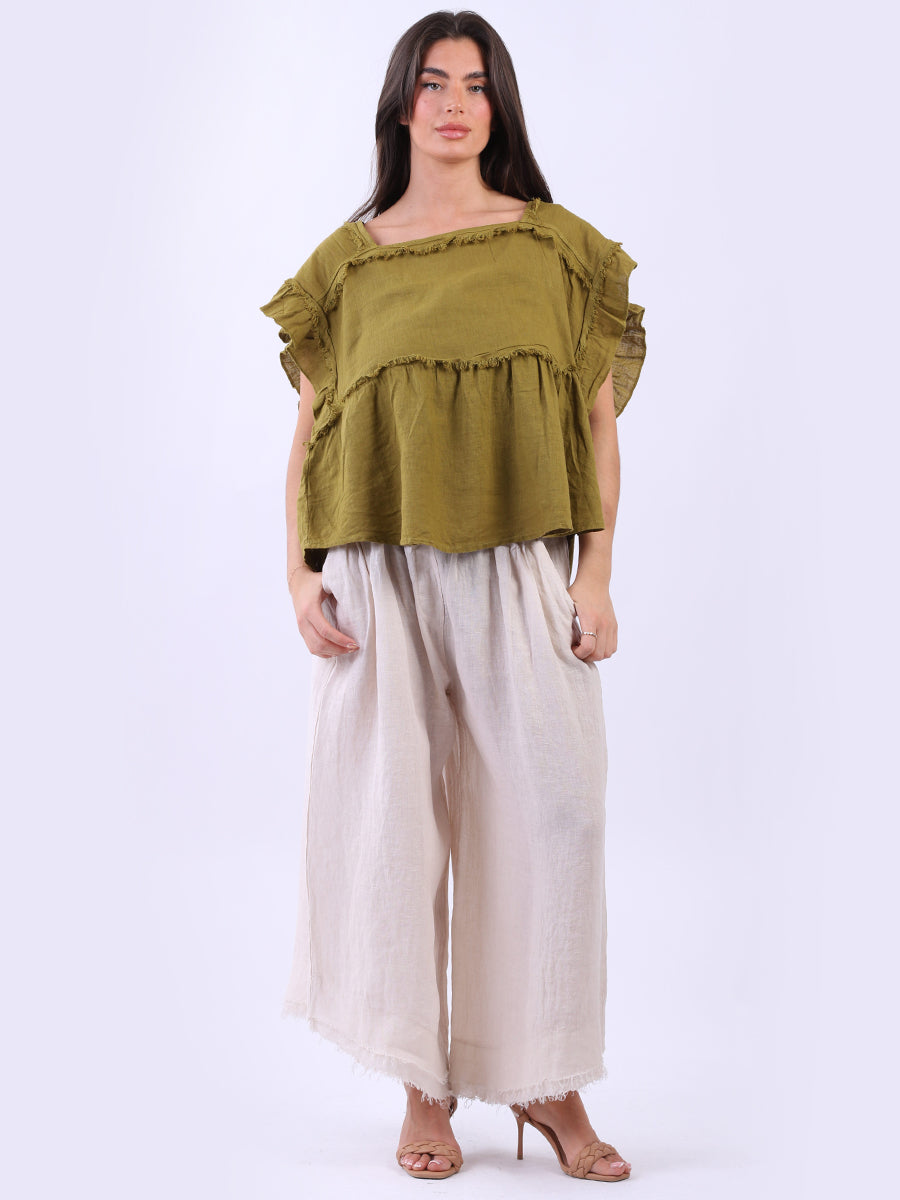 Hop Sack Linen Crop Boxy Top Olive