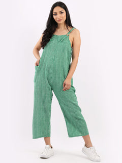 Stripy Cotton Pabo Jumpsuit Bottle Green