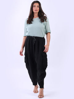 Linen Solid Cargo Trouser Black