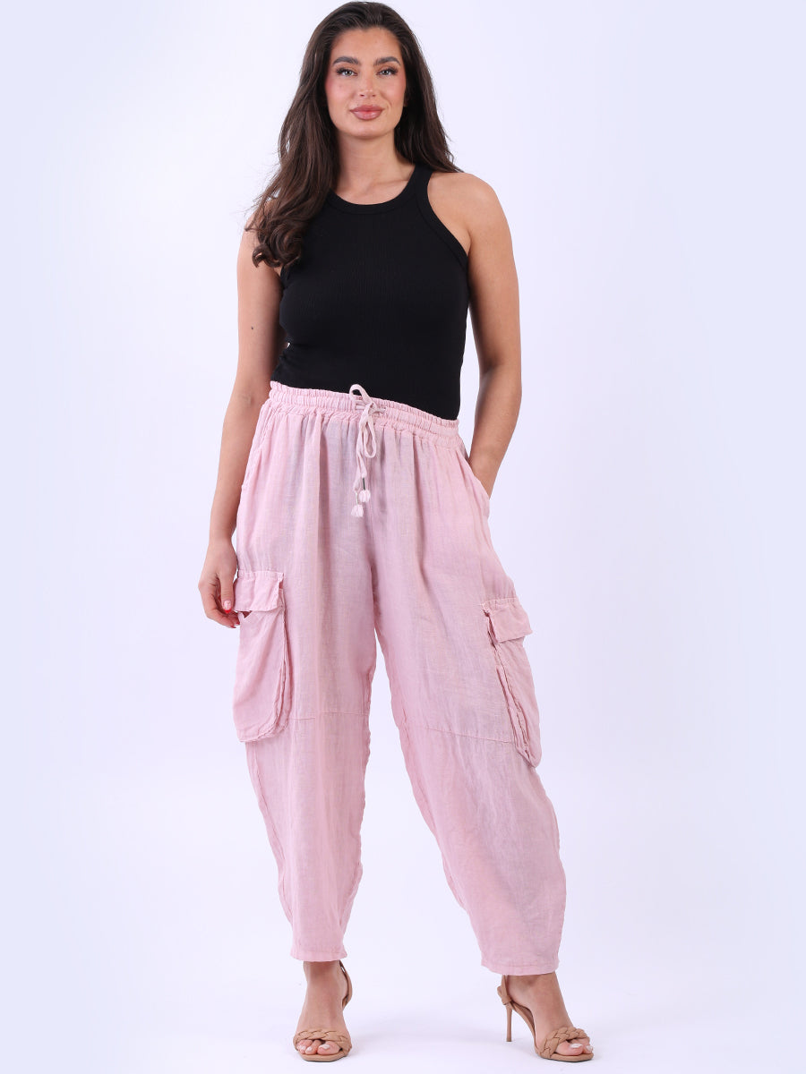 Linen Solid Cargo Trouser Pink