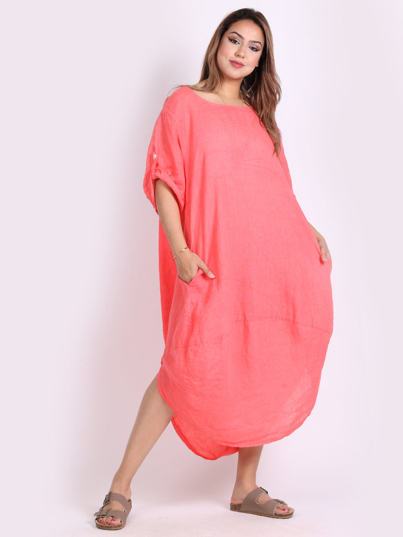 Plain Linen Dress  Coral