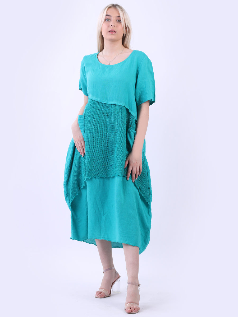 Mesh Net Linen Midi Dress Aqua
