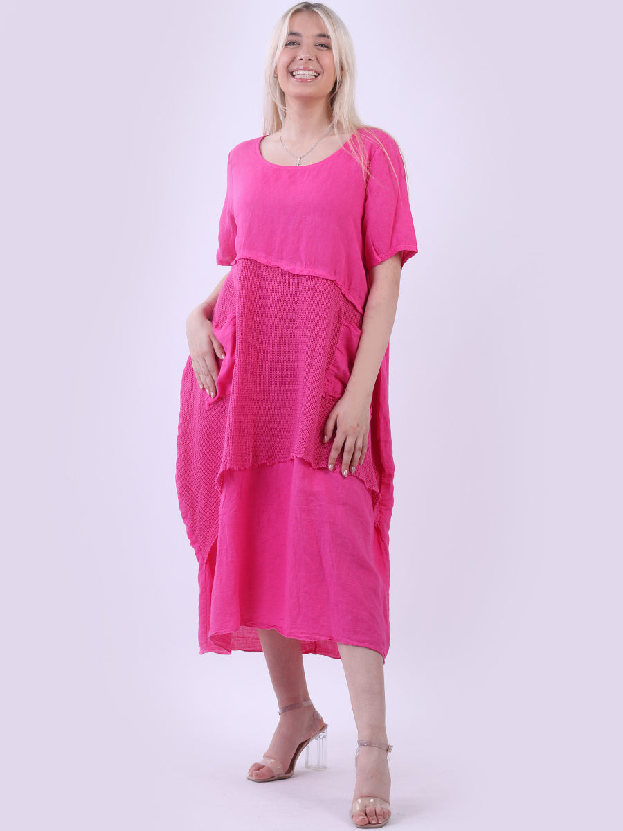 Mesh Net Linen Midi Dress Fuchsia