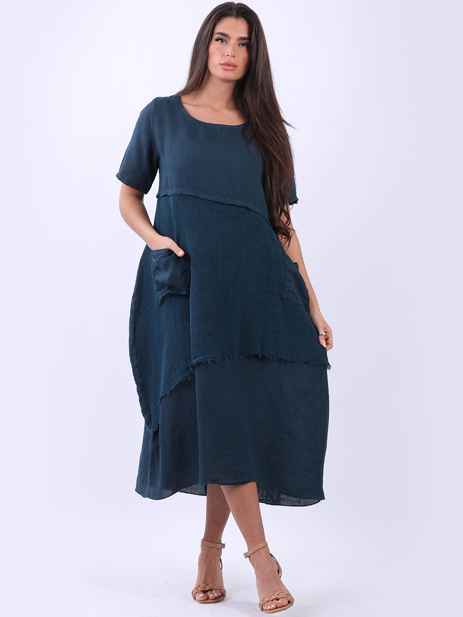 Mesh Net Linen Midi Dress Teal