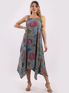 Multi Polka Dots Strappy Linen Dress Charcoal