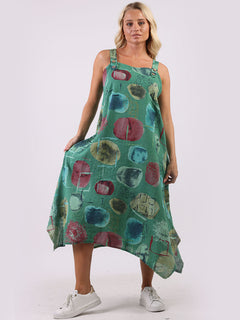 Multi Polka Dots Strappy Linen Dress Green