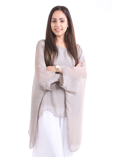 Plain Batwing Silk Top Beige