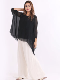 Plain Batwing Silk Top Black