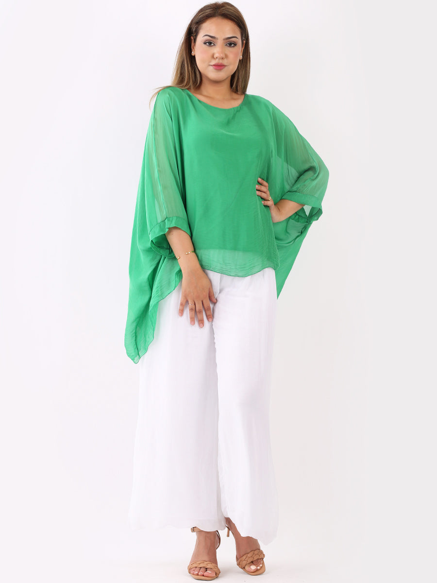 Plain Batwing Silk Top Green
