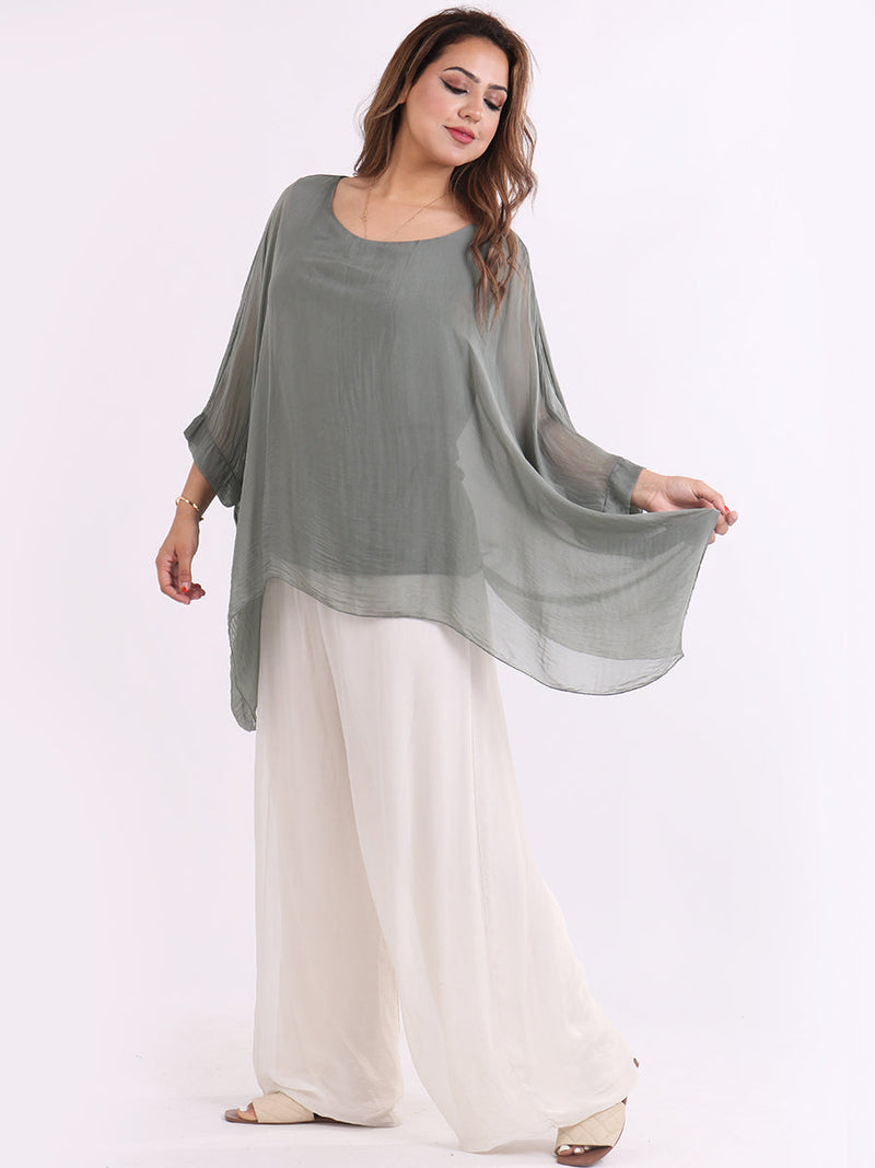 Plain Batwing Silk Top Khaki