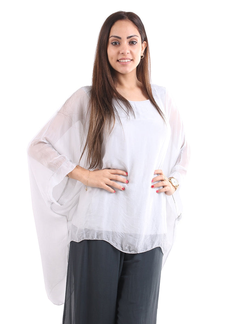 Plain Batwing Silk Top Light Grey