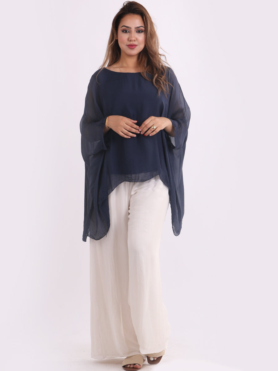 Plain Batwing Silk Top Navy