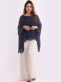 Plain Batwing Silk Top Navy