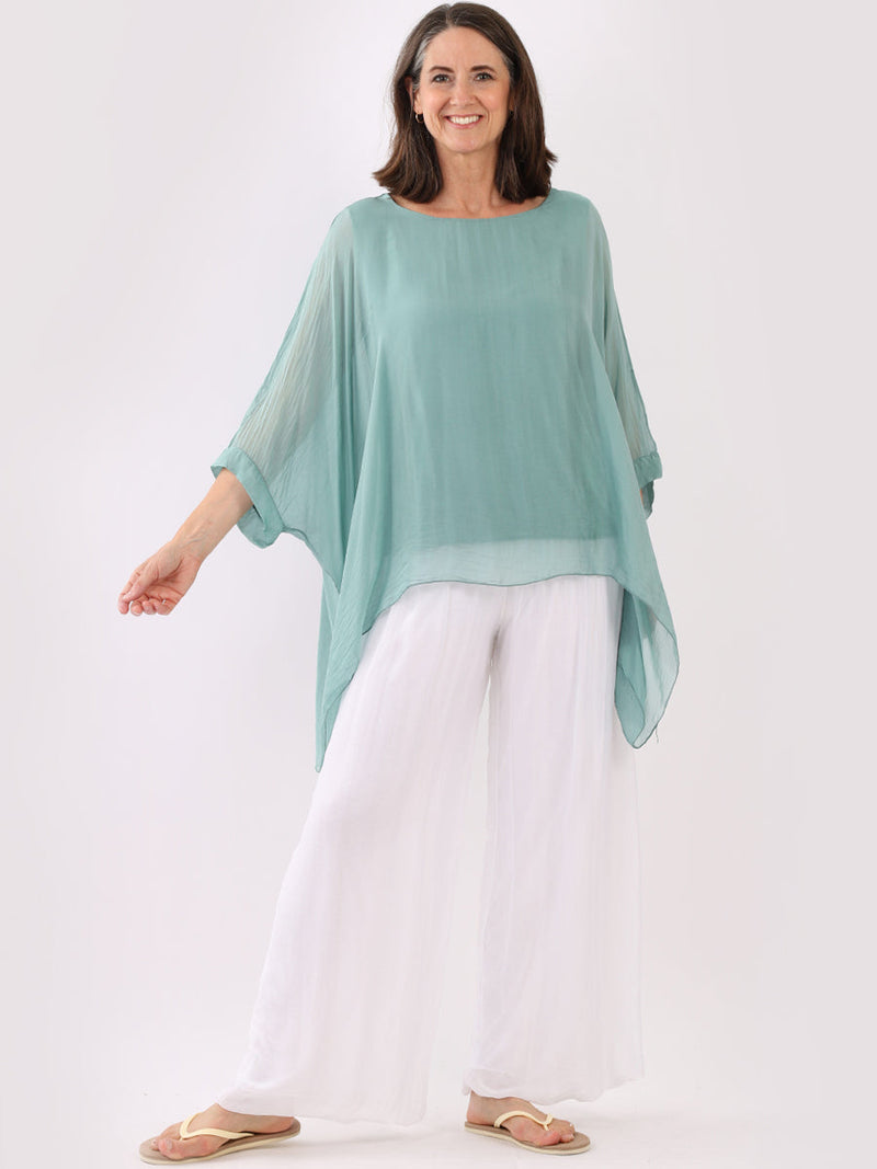 Plain Batwing Silk Top Ocean Blue