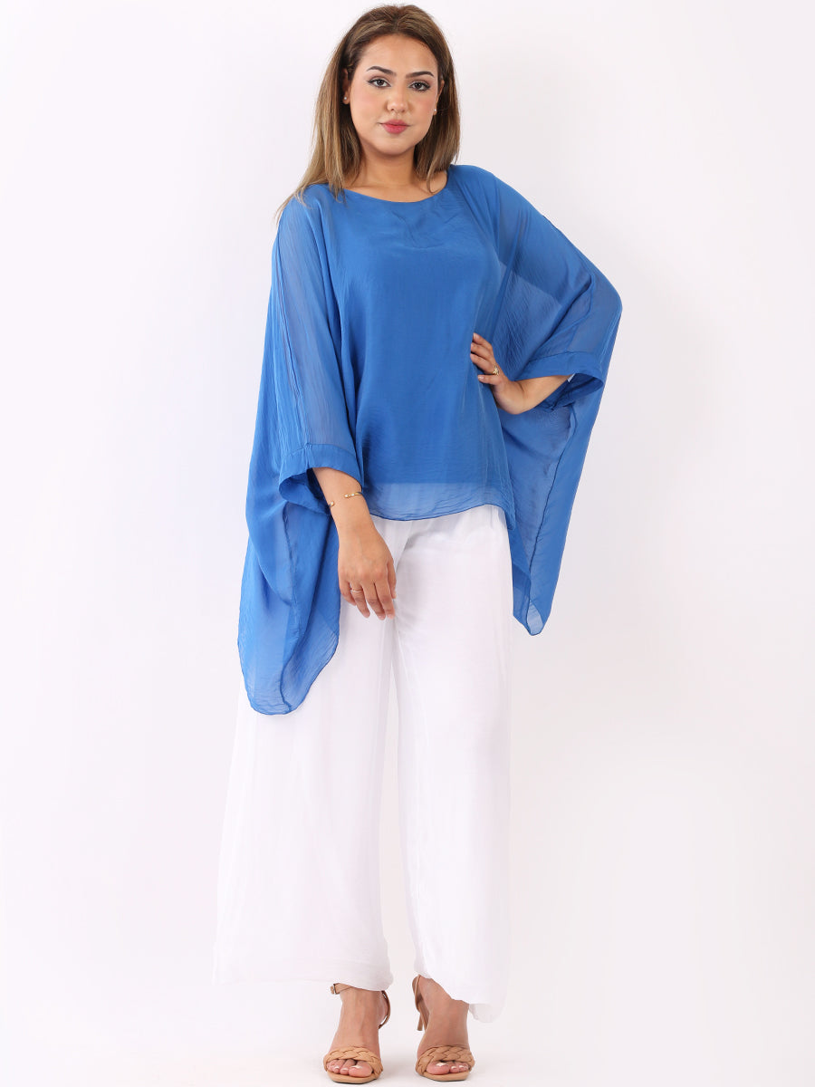 Plain Batwing Silk Top Royal Blue