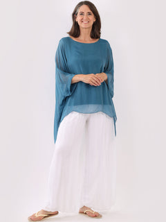 Plain Batwing Silk Top Teal