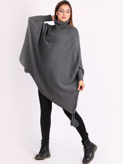 Plain Batwing Tessels Poncho Charcoal