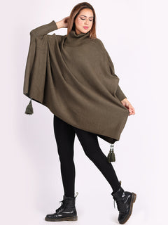 Plain Batwing Tessels Poncho Khaki