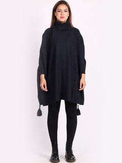 Plain Batwing Tessels Poncho Navy