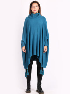Plain Batwing Tessels Poncho Teal
