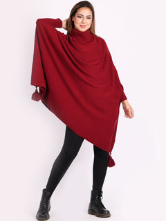 Plain Batwing Tessels Poncho Wine